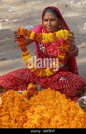 JAIPUR, INDIA, October 26, 2017 : In the flower market. Jaipur is a popular tourist destination in India and serves as a gateway to other tourist dest Stock Photo