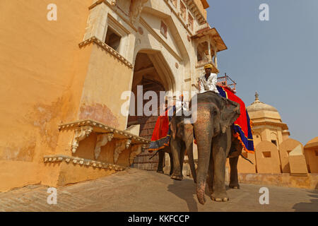 JAIPUR, INDIA, October 27, 2017 : Riding elephants up to the Amber palace complex. Amber Fort is the principal tourist attraction in the Jaipur area.  Stock Photo