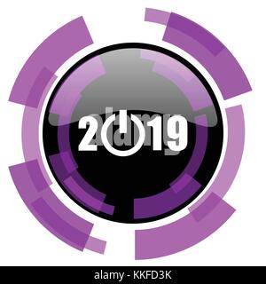 New year 2019 pink violet modern design vector web and smartphone icon. Round button in eps 10 isolated on white background. Stock Vector