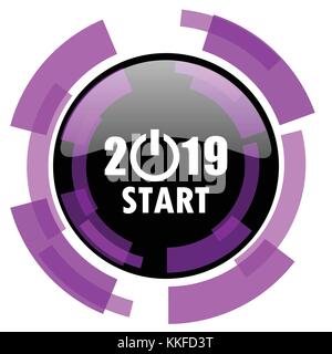 New year 2019 pink violet modern design vector web and smartphone icon. Round button in eps 10 isolated on white background. Stock Vector