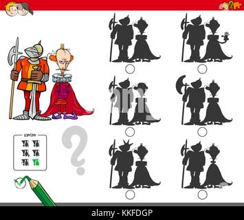 Cartoon Illustration of Finding the Shadow without Differences Educational Activity for Children with King and Knight Medieval Characters Stock Vector