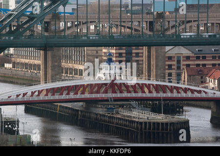 Looking to the swing bridge that spans the river Tyne, between Gateshead and Newcastle Upon Tyne. Stock Photo