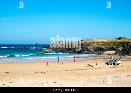 sandy beach at treyarnon bay on the north coast of cornwall, england, britain, uk. Stock Photo