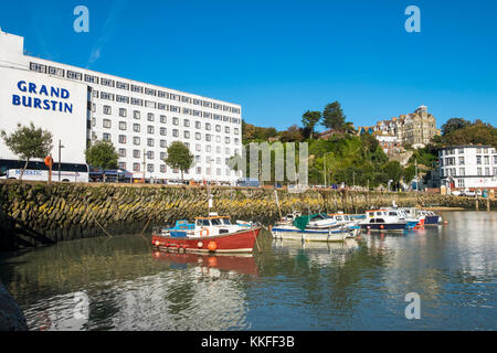 The Grand Burstin Hotel in Folkstone, Kent, UK. Part of the Britannia hotel group and view of the harbour Stock Photo