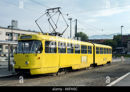 SARAJEVO, BOSNIA - JUNE 12, 2008: Sarajevo Tram, Tatra K2 series, waiting for departure in the suburb of Sarajevo, near the train station  Picture of  Stock Photo