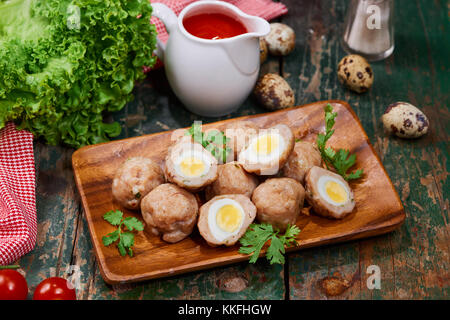 Vietnamese food. Delicious homemade fish balls on wooden table. Stock Photo