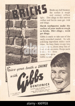 1939 UK Magazine Gibbs Dentifrice Advert Stock Photo