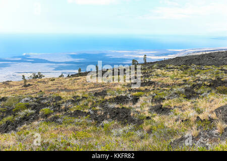 View on the sea over volcanic landscape, volcano national park, Hawaii Stock Photo