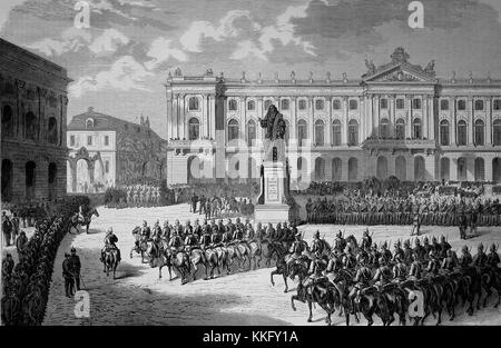 Arrival of Prussian troops on Stanislausplatz in Gdansk on August 15, Franco-German War 1870/71, Franco-Prussian War or Franco-German War, War of 1870, a conflict between the Second French Empire of Napoleon III and the German states of the North German Confederation led by the Kingdom of Prussia, Digital improved reproduction of an original woodcut Stock Photo