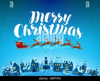 Merry Christmas, greeting card. Santa Claus rides in sleigh at night over town. Cartoon vector illustration Stock Vector