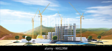 Construction layout with blueprints on table and blur background, building project Stock Photo