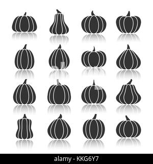 Halloween pumpkin black silhouette with reflection icon set. Monochrome flat design symbol collection. Simple graphic pictogram pack. Web, infographic Stock Vector