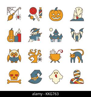 Colorful Halloween party symbol icon set. Editable stroke sign collection. Color web, card, party, tag, print, logo, banner concept. Isolated on white Stock Vector
