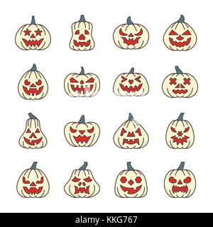 Halloween pumpkin with carving face thin line icon set. Vector linear symbol pack. Outline sign with color fill. Editable stroke. Simple pictogram gra Stock Vector
