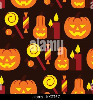 Halloween seamless pattern. Vector pumpkin, candle, candy illustration.  Treat or trick party background. Season celebration symbol. Print, wrapping,  Stock Vector