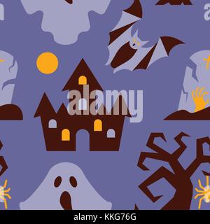 Halloween seamless pattern. Vector castle, tree, bat, ghost illustration.  Scary night party background. Season celebration symbol. Print, wrapping, p Stock Vector