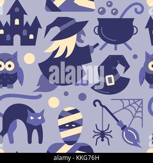 Halloween seamless pattern. Vector castle, tree, bat, ghost illustration.  Scary night party background. Season celebration symbol. Print, wrapping, p Stock Vector
