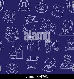 Halloween seamless white line pattern. Vector illustration. Scary night party dark blue background. Season celebration symbol. Print, wrapping, packag Stock Vector