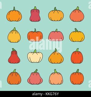 Pumpkin harvest thin line icon set. Vector linear symbol pack. Outline sign with color fill. Editable stroke. Season ripe orange vegetable collection. Stock Vector