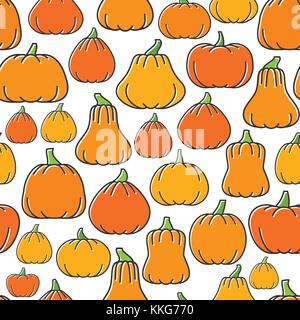 Pumpkin harvest seamless pattern. Season ripe orange vegetables backround. Different shapes squash. October mature gourd. Vector illustration for prin Stock Vector