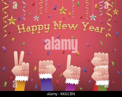 Five hands forming number 2018 in colorful suits to celebrate Happy New Year with hanging gold, silver ribbon, stars and colorful confetti on red back Stock Vector
