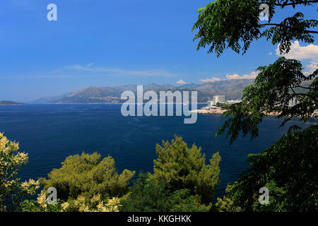 Summer view over Lapad Bay beach, Lapad town, Dubrovnik, Dalmatian coast, Adriatic Sea, Croatia, Europe. Stock Photo