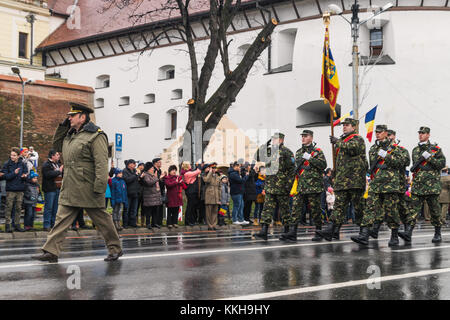 Sibiu, Romania - December 1, 2017: Guard of honour and troops take part in a parade on National Day in Sibiu, Romania, Transylvania region Credit: Ungureanu Vadim/Alamy Live News Stock Photo