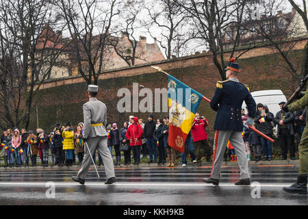 Sibiu, Romania - December 1, 2017: Guard of honour and troops take part in a parade on National Day in Sibiu, Romania, Transylvania region Credit: Ungureanu Vadim/Alamy Live News Stock Photo