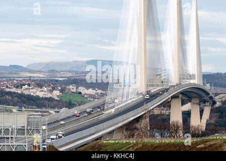 South Queensferry, United Kingdom. 1st Dec, 2017. Southbound carriageway of new Queensferry Bridge is closed to allow emergency repairs to the carriageway. Southbound traffic from Fife is being diverted over the adjacent Forth Road Bridge which has been opened temporarily to traffic. Remedial snagging work to the Queensferry Bridge is expected to take 10 months. Credit: Iain Masterton/Alamy Live News Stock Photo