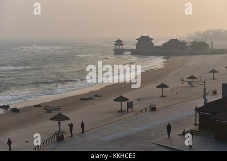 Qinhuangda, Qinhuangda, China. 30th Nov, 2017. Qinhuangdao, CHINA-November 2017:(EDITORIAL USE ONLY. CHINA OUT) .Laolongtou Great Wall, located at Shanhaiguan Scenic Area in Qinhuangdao, north China's Hebei Province, is also known as Old Dragon's Head Great Wall. Laolongtou is where the Great Wall of China meets the sea and was once considered as where the Great Wall of China starts. Laolongtou means Old Dragon'ss Head, so named because the Great Wall here resembles a dragon drinking water from the sea. Laolongtou is the only section of the great wall that extends into the sea. (Credit I Stock Photo