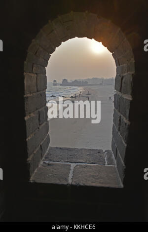 Qinhuangda, Qinhuangda, China. 30th Nov, 2017. Qinhuangdao, CHINA-November 2017:(EDITORIAL USE ONLY. CHINA OUT) .Laolongtou Great Wall, located at Shanhaiguan Scenic Area in Qinhuangdao, north China's Hebei Province, is also known as Old Dragon's Head Great Wall. Laolongtou is where the Great Wall of China meets the sea and was once considered as where the Great Wall of China starts. Laolongtou means Old Dragon'ss Head, so named because the Great Wall here resembles a dragon drinking water from the sea. Laolongtou is the only section of the great wall that extends into the sea. (Credit I Stock Photo