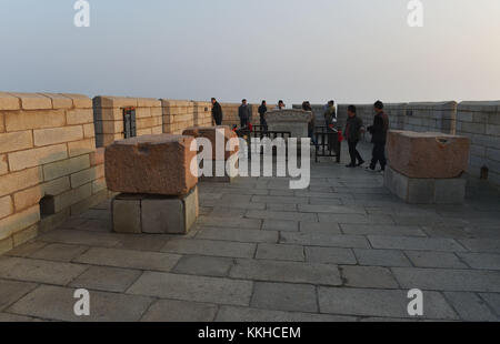 Qinhuangda, Qinhuangda, China. 30th Nov, 2017. Qinhuangdao, CHINA-November 2017:(EDITORIAL USE ONLY. CHINA OUT) .Laolongtou Great Wall, located at Shanhaiguan Scenic Area in Qinhuangdao, north China's Hebei Province, is also known as Old Dragon's Head Great Wall. Laolongtou is where the Great Wall of China meets the sea and was once considered as where the Great Wall of China starts. Laolongtou means Old Dragon'ss Head, so named because the Great Wall here resembles a dragon drinking water from the sea. Laolongtou is the only section of the great wall that extends into the sea. (Credit I Stock Photo