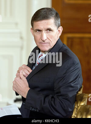 Washington DC, USA. 1st Dec, 2017. FILE PHOTO DATED: February 10, 2017 - Former National Security Advisor MICHAEL T. FLYNN, prior to United States President Donald J. Trump conducting a joint press conference with Prime Minister Shinzo Abe of Japan in the East Room of the White House in Washington, DC on Friday, February 10, 2017. Flynn is expected to plead guilty on Friday to lying to the F.B.I. about a conversation with the Russian ambassador last December. Credit: Ron Sachs/CNP/ZUMA Wire/Alamy Live News Stock Photo
