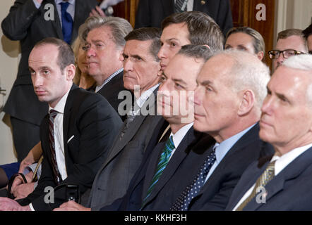 File. 1st Dec, 2017. Former U.S. National Security Adviser MICHAEL FLYNN pleaded guilty to lying to the Federal Bureau of Investigation regarding his improper contacts with Russia. PICTURED: February 13, 2017 - Washington, District of Columbia, United States of America - From left to right: Stephen Miller, Counselor to the President, Kellyanne Conway, Counselor to the President (partially obscured), Steve Bannon, White House Chief Strategist, Retired United States Army Lieutenant General Michael Flynn, National Security Advisor, Jared Kushner, Senior Advisor, Reince Priebus, White House C Stock Photo