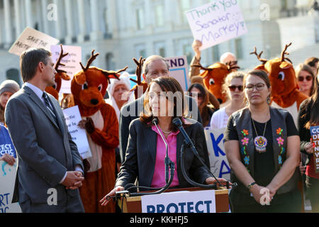 Washington, United States. 30th Nov, 2017. U.S. Senator Maria Cantwell of Washington speaks during a protest supporting the Arctic National Wildlife Refuge outside the U.S. Capitol November 30, 2017 in Washington, DC. The Republican led Senate is attempting to allow oil drilling in the Arctic by hiding it in the tax cut bill. (photo by US Senate Photo via Credit: Planetpix/Alamy Live News Stock Photo