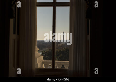 Washington, District of Columbia, USA. 1st Dec, 2017. The Washington Monument is seen from a window near the Senate Chamber at sundown from the US Capitol in Washington, DC on Friday, December 1, 2017.Credit: Alex Edelman/CNP Credit: Alex Edelman/CNP/ZUMA Wire/Alamy Live News Stock Photo