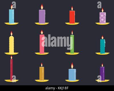 Candles flat set isolated on black background. A dripping wax in a saucer. Vector illustration Stock Vector