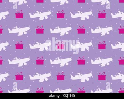 Christmas seamless pattern with Santa Claus on the airplane and gift boxes. Snow background. Vector illustration Stock Vector