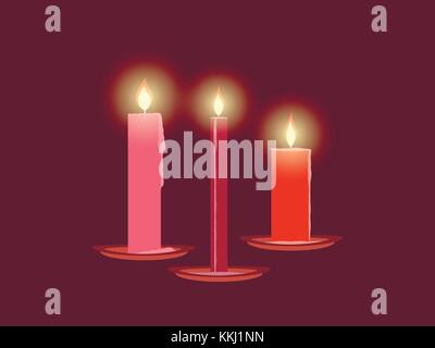 Burning candles, Christmas decorations. Leaking wax. Vector illustration Stock Vector