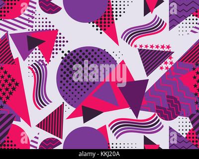 Memphis seamless pattern with geometric figures in the style of the 80s. Purple, blue and red color. Vector illustration Stock Vector