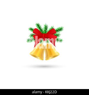 Two golden bells with Christmas tree branches and bow. Vector Stock Vector