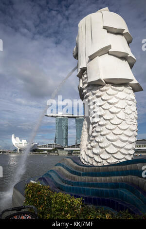 The iconic lion display fountain at Merlion Park, One Fullerton, Singapore. It has been in this location since 2002 Stock Photo