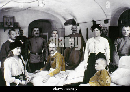 UNDATED:  Tsar Nicholas II daughters Anastasia (born 1901) and Maria Romanov (born in 1899) visit wounded soldiers in hospital during World War I. The series of the unique pictures were taken by the Tsar Nicholas II himself or people close to the royal family. They were realized in 1915-1916, the most terrible years of World War I.  Nicholas II was an insatiable photographer. He took special care of pictures, filed them with care in numerous albums. He passed down his love for photography to Maria, his third daughter, who is responsible for colouring most of the pictures.  (Photo: Laski Diffus Stock Photo