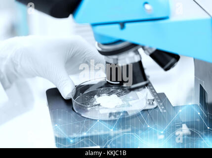 close up of hand with microscope and powder sample Stock Photo