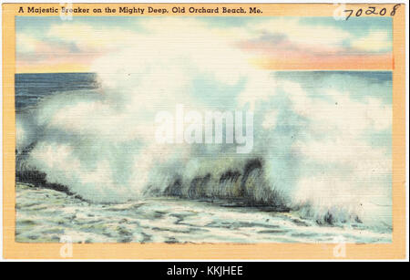 This image captures the powerful breaker wave crashing along the shore of Old Orchard Beach in Maine. The scene highlights the natural force of the ocean, emphasizing the dynamic beauty of coastal landscapes. Stock Photo