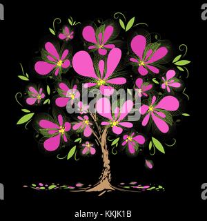 Art blossoming tree with pink flowers on black background Stock Vector