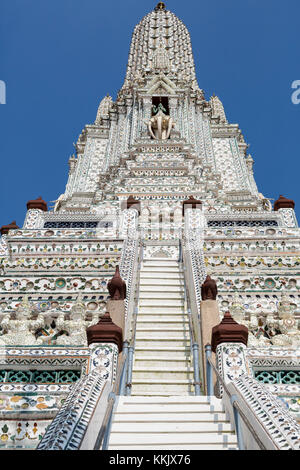 Bangkok, Thailand.  Wat Arun Looking Upwards toward Indra Riding on his Three-headed Elephant Erawan. Stock Photo