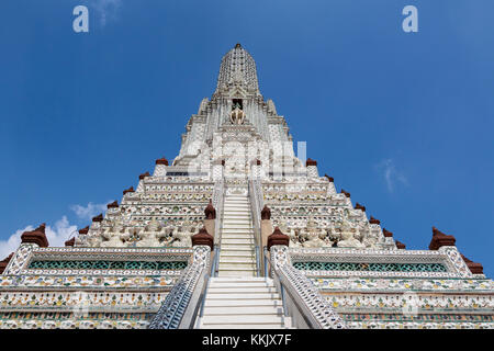 Bangkok, Thailand.  Wat Arun Looking Upwards toward Indra Riding on his Three-headed Elephant Erawan. Stock Photo