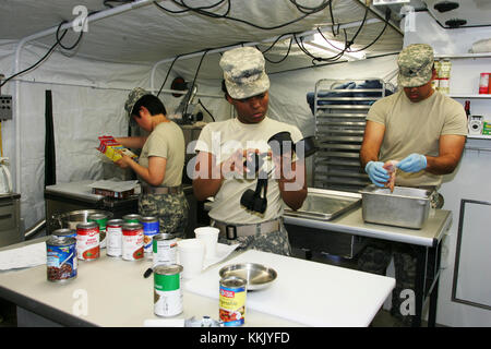 Students in the 80-hour sustainment course for Soldiers in the 68M (nutritional-care specialist) military occupational specialty prepare a meal in a containerized kitchen at the Fort McCoy Regional Training Site-Medical complex June 10, 2015. The 68M Soldiers perform basic dietetic functions in a hospital, clinic, or field environment. Students in the course were with the 801st Combat Support Hospital at Fort Sheridan, Ill. (U.S. Army Photo by Scott T. Sturkol, Public Affairs Office, Fort McCoy, Wis.) Stock Photo