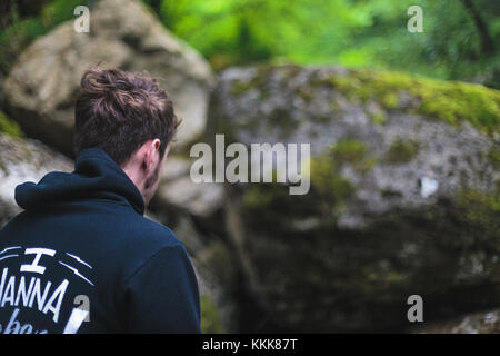 A boy in the nature, waterfall of Alferello, Alfero, Italy - 2016 Stock Photo